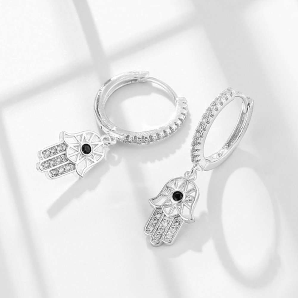 Hamsa Silver Evil Eye Hand Earrings - Picture 3 of 5